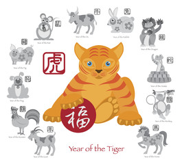 Sticker - Chinese New Year Tiger Color with Twelve Zodiacs Illustration