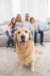 © WavebreakMediaMicro - Family sitting on the couch with golden retriever in foreground