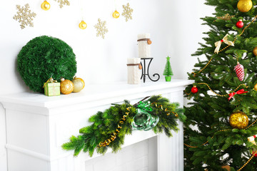 Wall Mural - Christmas tree near fireplace in room