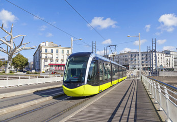 Yellow tram an the street of Brest, France