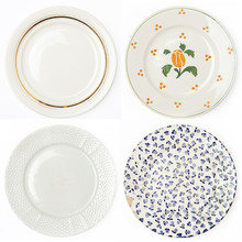 Set Of Old Plates Isolated On White Background. Vintage Dutch Dishes: Decorated With Flower, White, Blue And Golden