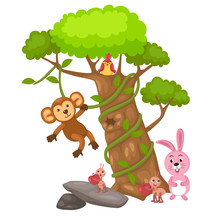 Big Tree And Monkey And Bird And Rabbit And Ant Vector