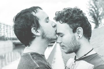 Gay couple kissing