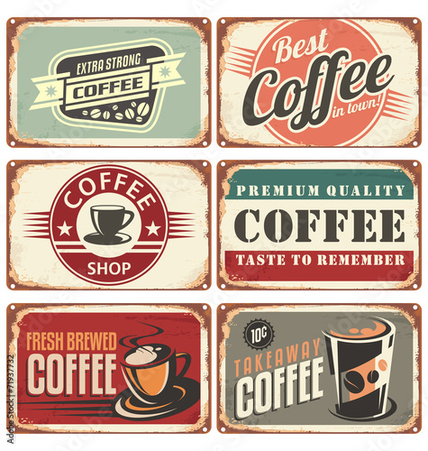 Fototapeta na wymiar Set of vintage coffee tin signs