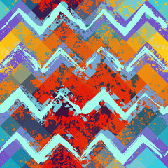 Poster - Grunge blue and orange chevron pattern.