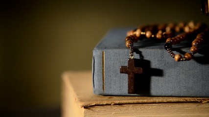 Canvas Print - bible with books and rosary, zoom in
