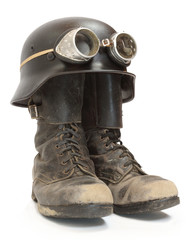 Wall Mural - Retro military helmet and boots (biker's accessories).