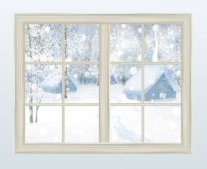 Wall Mural - Vector window with  view of snowy background.