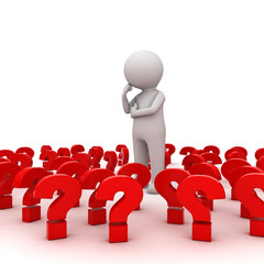 Poster - Stressed 3d man standing and thinking amongst red question marks