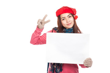 Asian girl with red christmas hat show blank sign and v sign