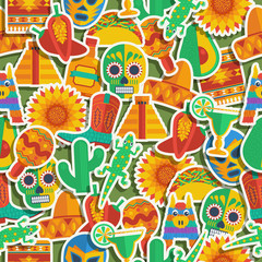 Poster - Vector mexican seamless pattern with traditional clipart icons background wallpaper