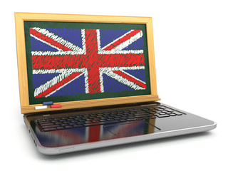Poster - English online. E-learning. Laptop and blackboard with UK flag
