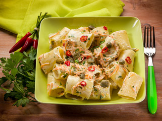 Wall Mural - paccheri with carrot capers and hot chili pepper