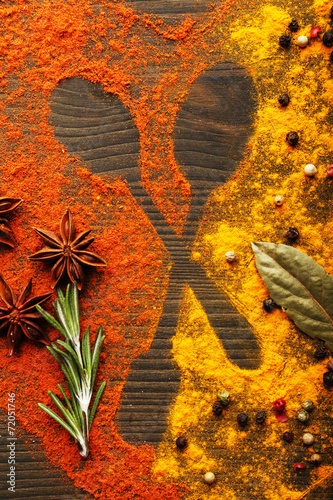 Naklejka dekoracyjna Spices on table with spoon silhouette, close-up