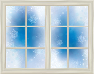 Wall Mural - vector window frame on snowy background.