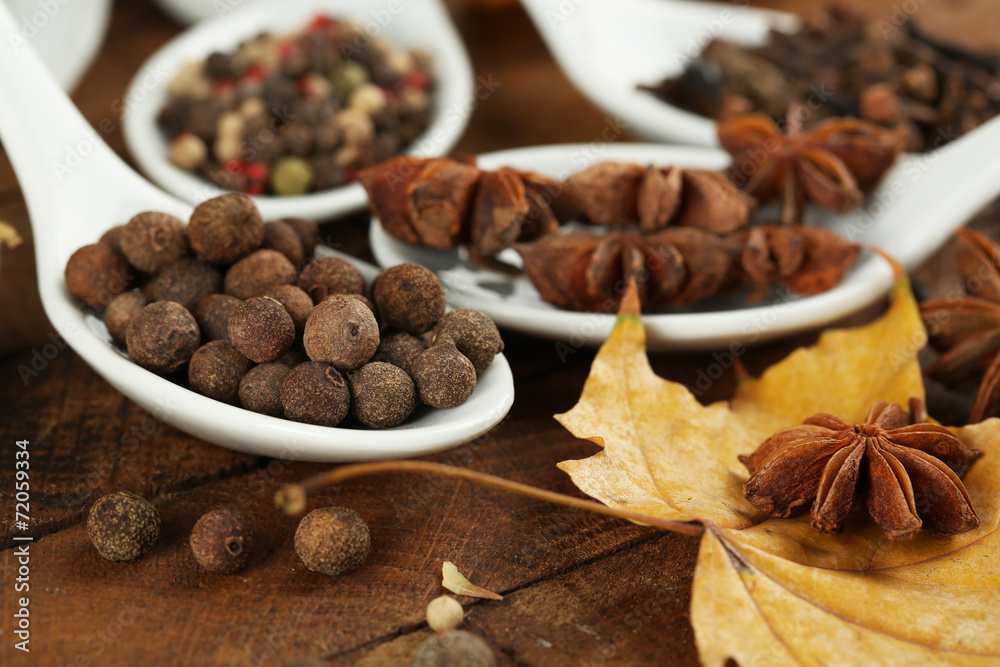 Different spices in spoons with yellow leaves
