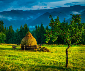 Wall Mural - amazing mountain landscape with fog and a haystack