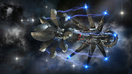 Futuristic military spacecraft initiating a warp drive