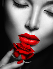 Poster - beautiful sexy woman with red lips, nails and rose flower