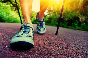 Wall Mural - young fitness woman hiker legs walking on forest trail