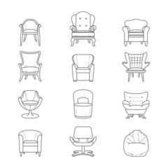 Flat line armchair vector isolated icons set