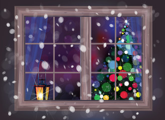 Wall Mural - vector winter night scene of window with christmas tree and lant