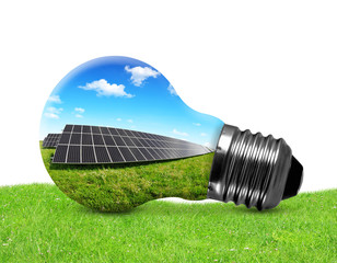 Wall Mural - solar panels in light bulb on white background