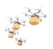 Row of drones delivery cardboard packages for delivery concept