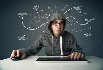 Fototapete - Young hacker with white drawn line thoughts