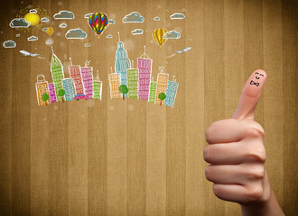 Fototapete - Happy smiley fingers looking at colorful handrawn cityscape