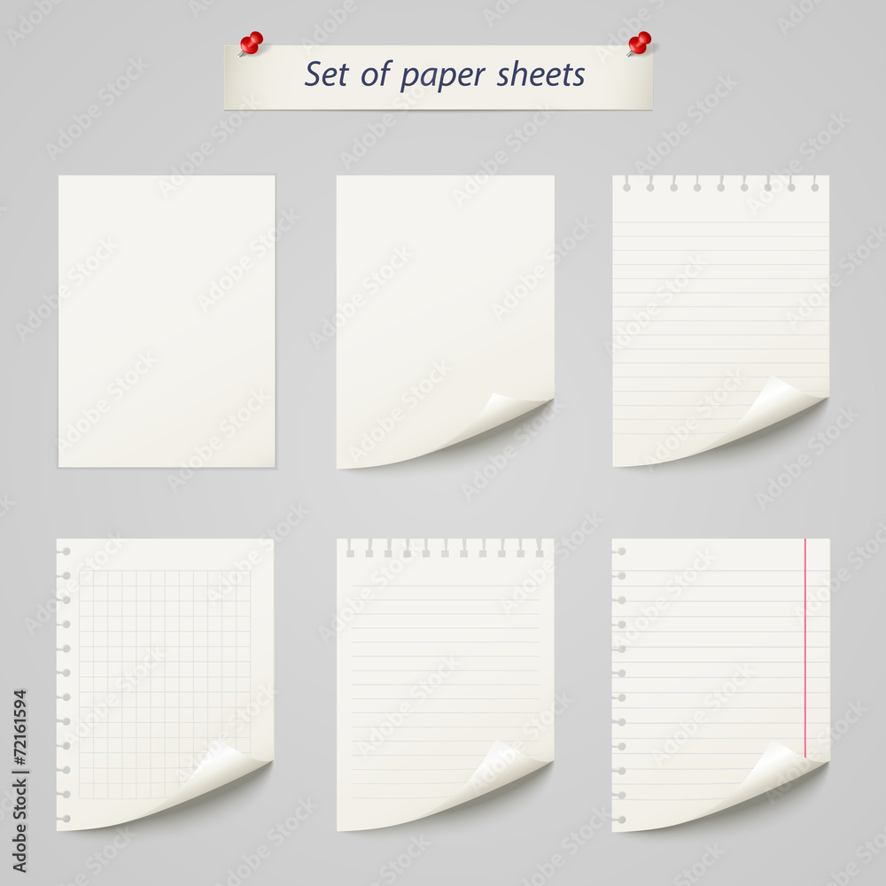 Vector set of  paper sheet ,texture notebook sheets isolated - obrazy, fototapety, plakaty 