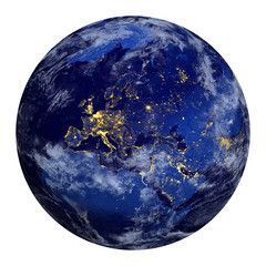 Wall Mural - Planet earth at night and clouds. Europe, part Asia, Afric