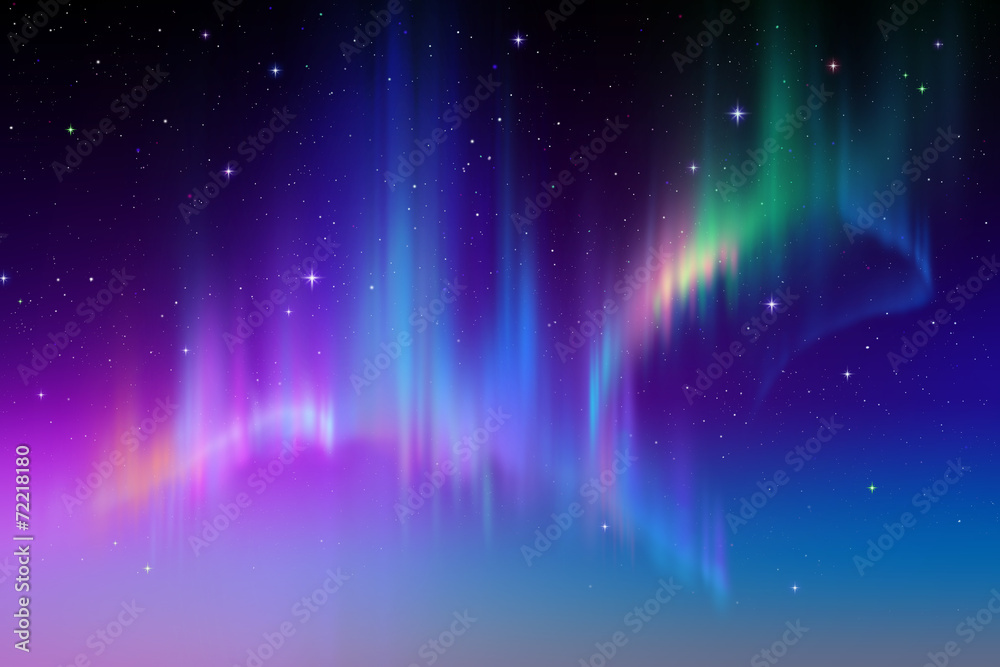 Aurora Borealis in starry polar sky, illustration - obrazy, fototapety, plakaty 