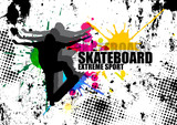 extreme sport man jumping with skateboard and splash color