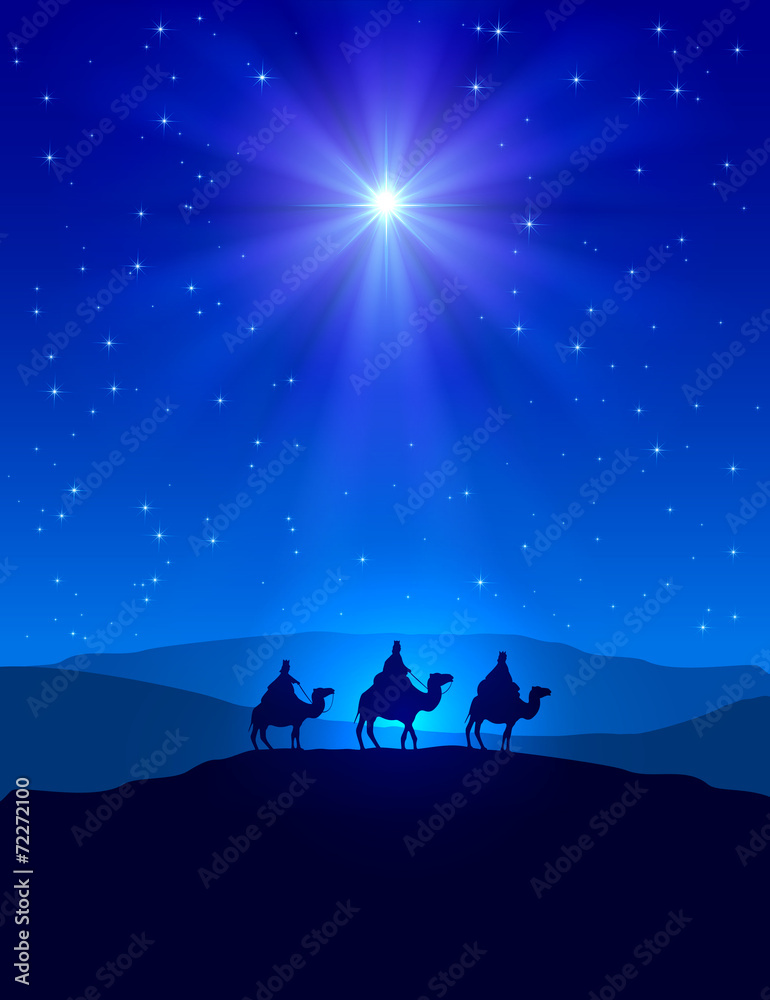Christmas star on blue sky and three wise men - obrazy, fototapety, plakaty 