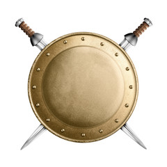 Sticker - gold or bronze gladiator shield and two crossed swords isolated