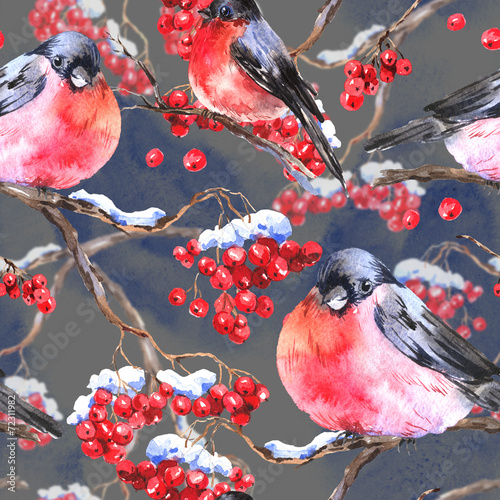 Naklejka dekoracyjna Watercolor seamless background with bullfinches