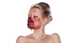 Portrait Of Blond Bloody Zombies In  Festive Makeup, Isolated On