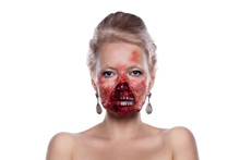 Portrait Of Blond Bloody Zombies In Festive Makeup, Isolated On