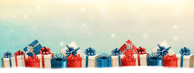 Poster - Holiday Christmas background with a border of gift boxes. Vector