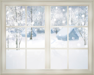 Wall Mural - window with winter view of snowy background.