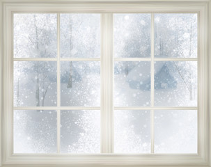 Wall Mural - window with winter view of snowy background.