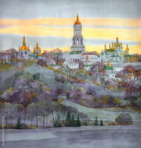 Obraz w ramie Watercolor cityscape. Monastery on steep bank of the river