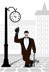 Wall Mural - cartoon gentleman against the background of the city