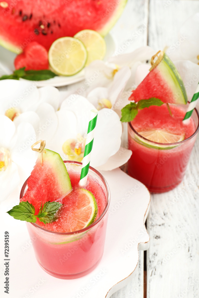 Watermelon cocktails on table, close-up
