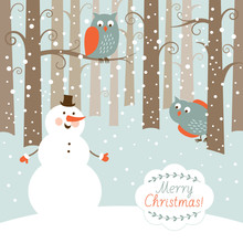 Greeting Christmas Card, Snowman In The Forest