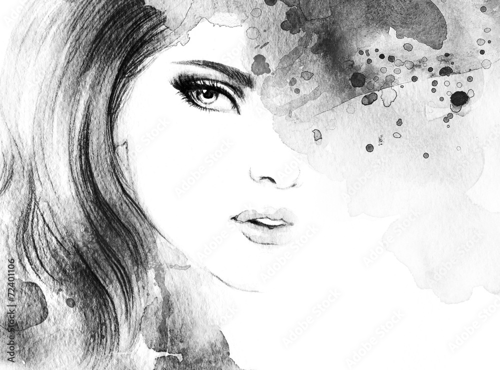 Woman face. Hand painted fashion illustration - obrazy, fototapety, plakaty 