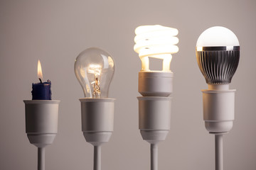 progress of lighting with candle, tungsten, fluorescent and led