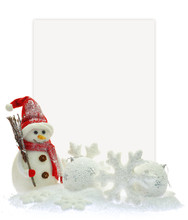 Snowman And Christmas Ornaments In Front Of A Paper Card
