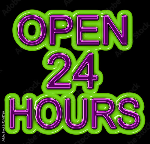 Fényképezés A neon OPEN 24 HOURS sign in purple and green